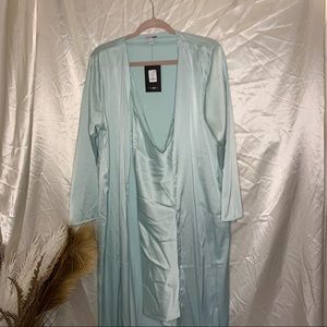 Blue satin slip dress and coat set